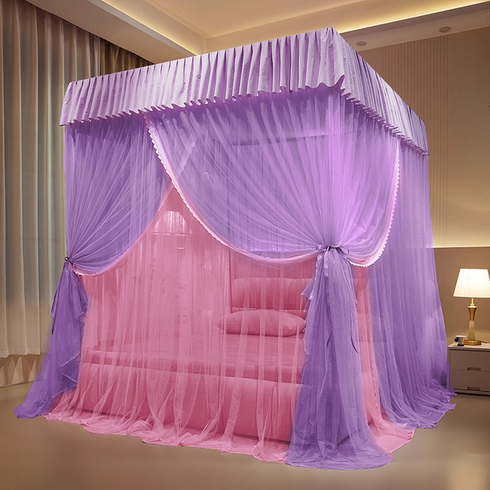 91家纺网 家纺一手货源 找家纺 优雅星家纺 2026新款浪漫花边双层纱落地蚊帐-轻舞盛夏 轻舞盛夏 紫粉