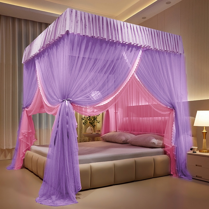 91家纺网 家纺一手货源 找家纺 优雅星家纺 2026新款浪漫花边双层纱落地蚊帐-轻舞盛夏 轻舞盛夏 紫粉