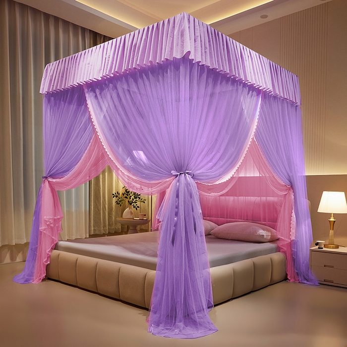 91家纺网 家纺一手货源 找家纺 优雅星家纺 2026新款浪漫花边双层纱落地蚊帐-轻舞盛夏 轻舞盛夏 紫粉
