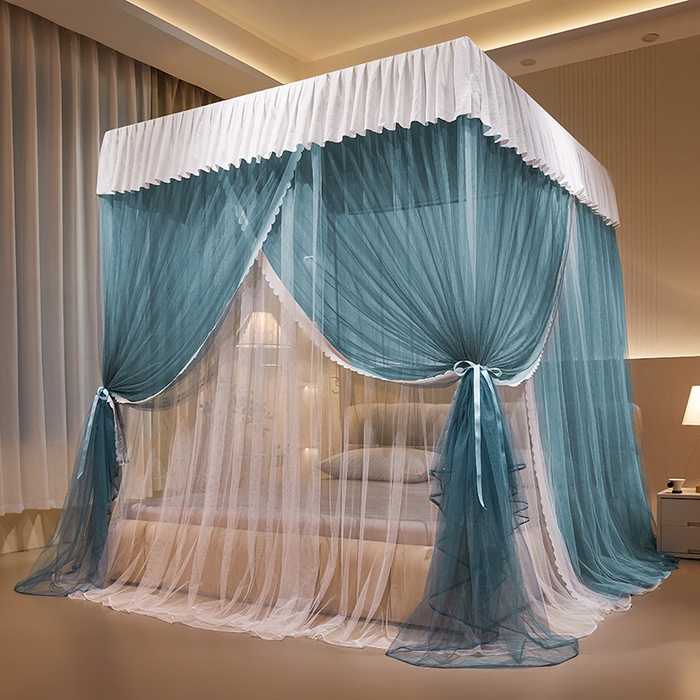 91家纺网 家纺一手货源 找家纺 优雅星家纺 2026新款浪漫花边双层纱落地蚊帐-轻舞盛夏 轻舞盛夏 雾蓝白