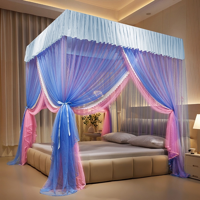 91家纺网 家纺一手货源 找家纺 优雅星家纺 2026新款浪漫花边双层纱落地蚊帐-轻舞盛夏 轻舞盛夏 蓝粉