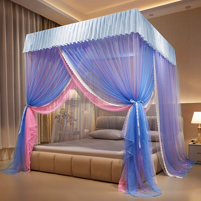 优雅星家纺 2026新款浪漫花边双层纱落地蚊帐-轻舞盛夏 轻舞盛夏 蓝粉