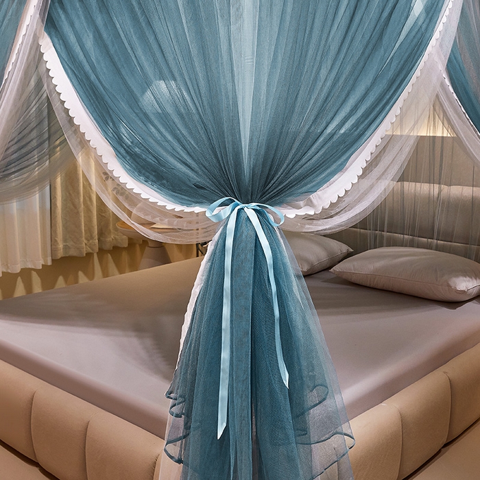 91家纺网 家纺一手货源 找家纺 优雅星家纺 2026新款浪漫花边双层纱落地蚊帐-轻舞盛夏 轻舞盛夏 雾蓝白