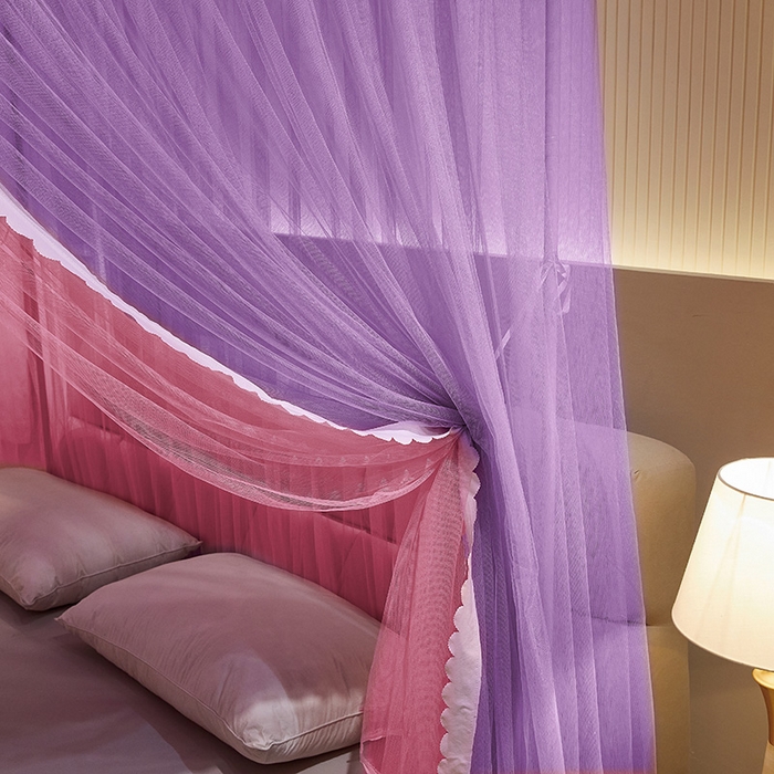 91家纺网 家纺一手货源 找家纺 优雅星家纺 2026新款浪漫花边双层纱落地蚊帐-轻舞盛夏 轻舞盛夏 紫粉
