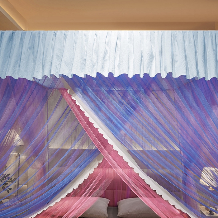 91家纺网 家纺一手货源 找家纺 优雅星家纺 2026新款浪漫花边双层纱落地蚊帐-轻舞盛夏 轻舞盛夏 蓝粉