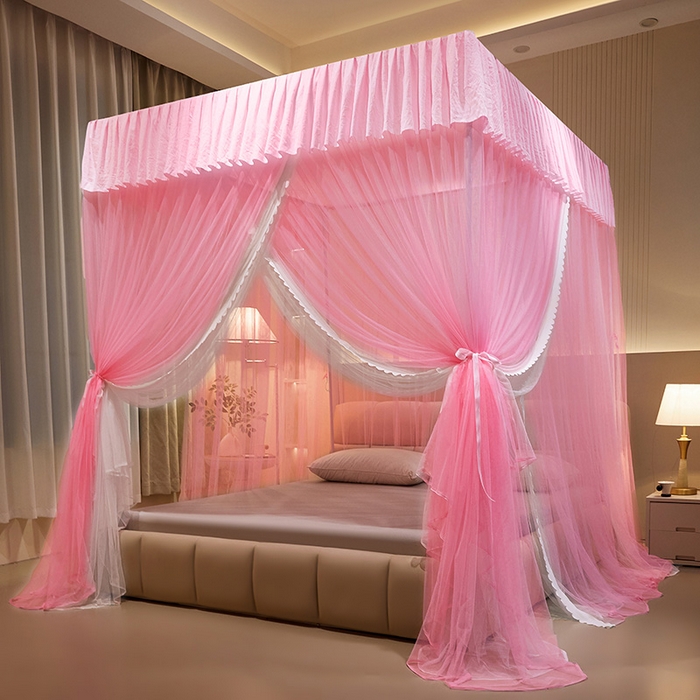 优雅星家纺 2026新款浪漫花边双层纱落地蚊帐-轻舞盛夏 轻舞盛夏 粉白