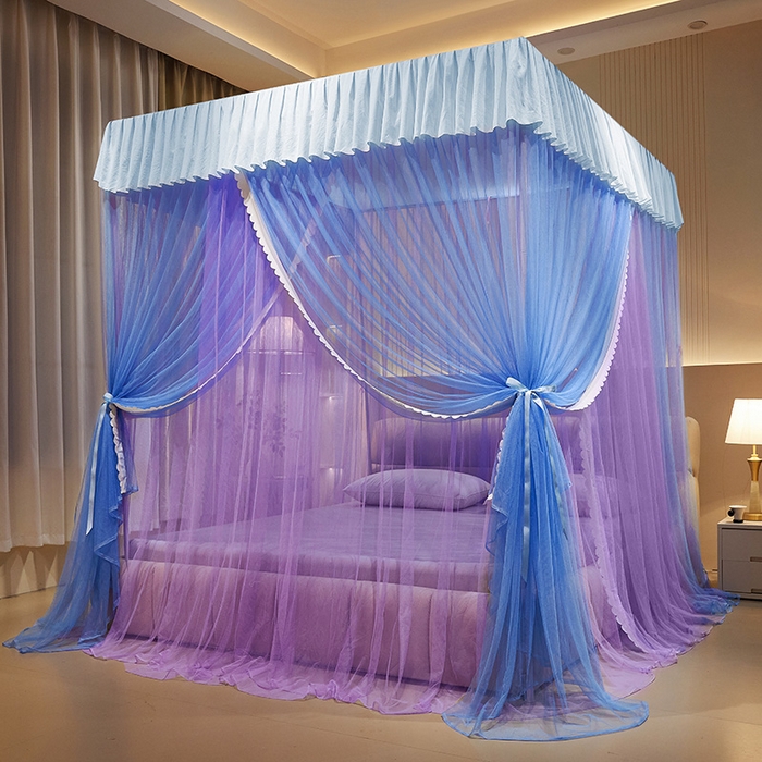 91家纺网 家纺一手货源 找家纺 优雅星家纺 2026新款浪漫花边双层纱落地蚊帐-轻舞盛夏 轻舞盛夏 蓝紫