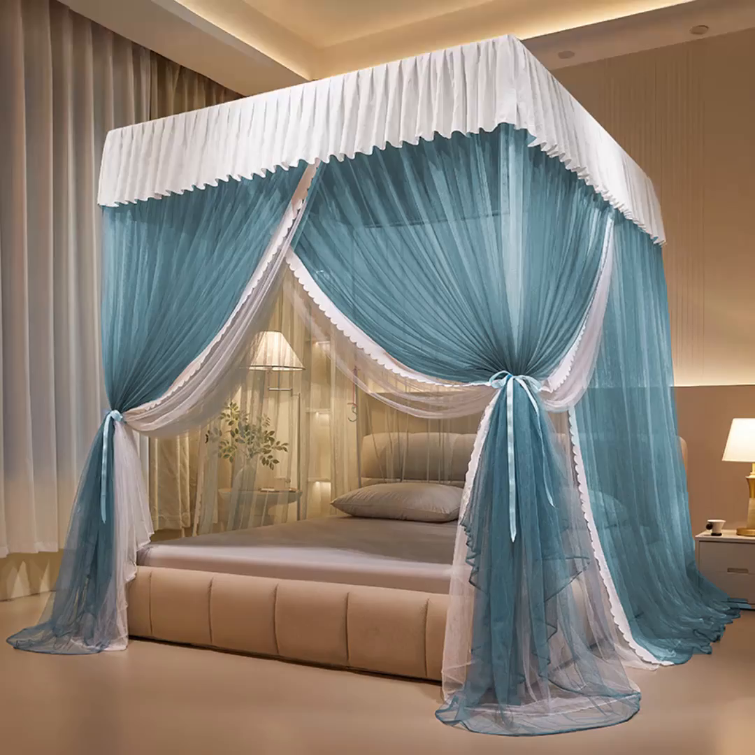 91家纺网 家纺一手货源 找家纺 优雅星家纺 2026新款浪漫花边双层纱落地蚊帐-轻舞盛夏 轻舞盛夏 雾蓝白