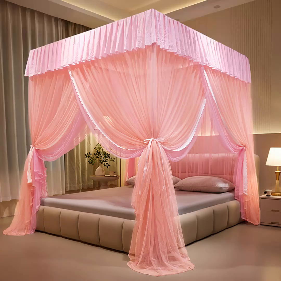 91家纺网 家纺一手货源 找家纺 优雅星家纺 2026新款浪漫花边双层纱落地蚊帐-轻舞盛夏 轻舞盛夏 玉粉