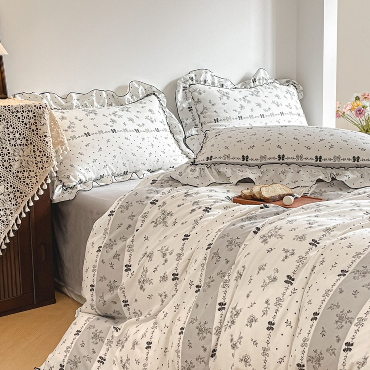 91家纺网 家纺一手货源 找家纺 （总）柒月家居 2026新款法式赫本皱皱纱花边四件套