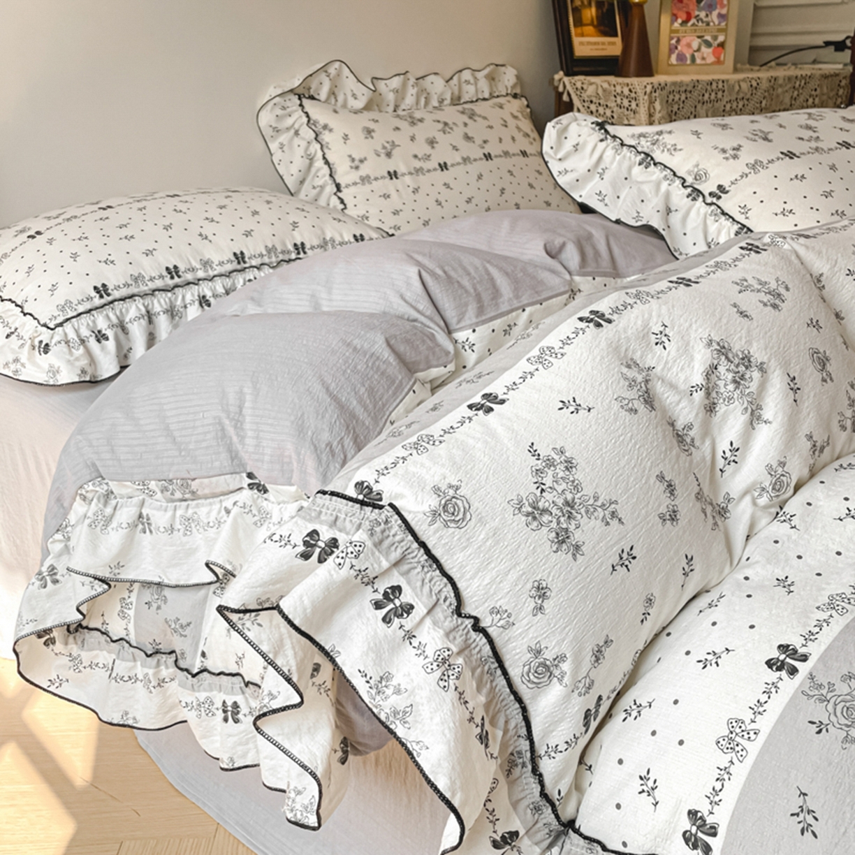 91家纺网 家纺一手货源 找家纺 （总）柒月家居 2026新款法式赫本皱皱纱花边四件套