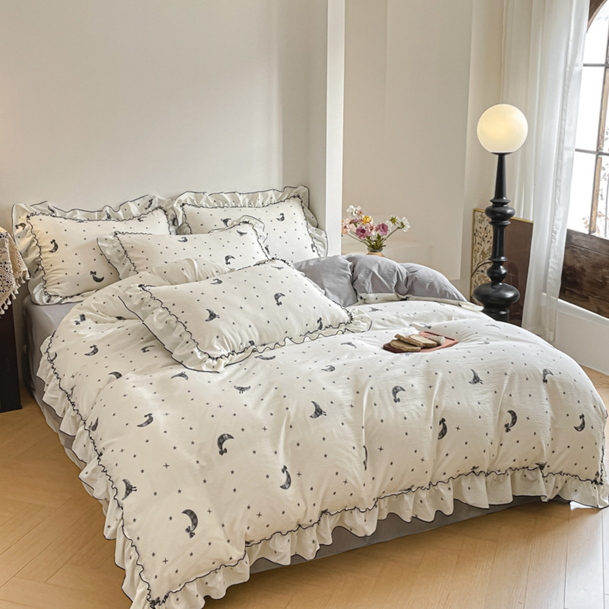 91家纺网 家纺一手货源 找家纺 柒月家居 2026新款法式赫本皱皱纱花边四件套 玛卡巴卡