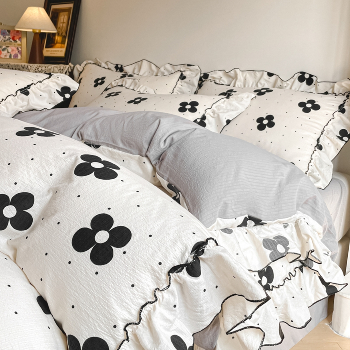 91家纺网 家纺一手货源 找家纺 柒月家居 2026新款法式赫本皱皱纱花边四件套 宝格丽曼