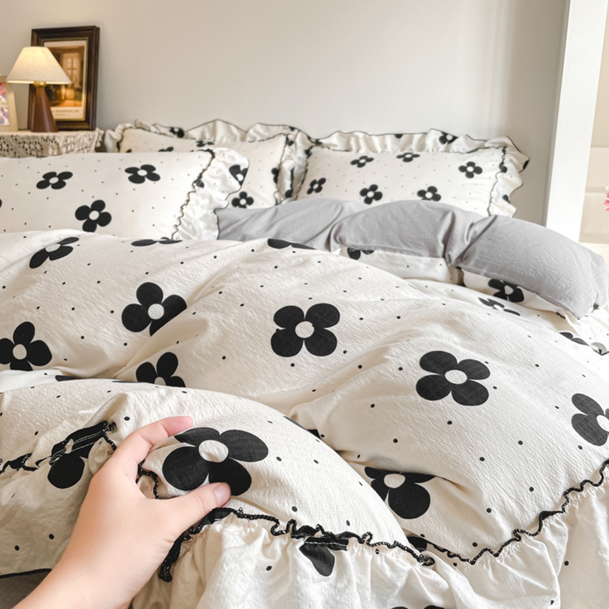 柒月家居 2026新款法式赫本皱皱纱花边四件套 宝格丽曼