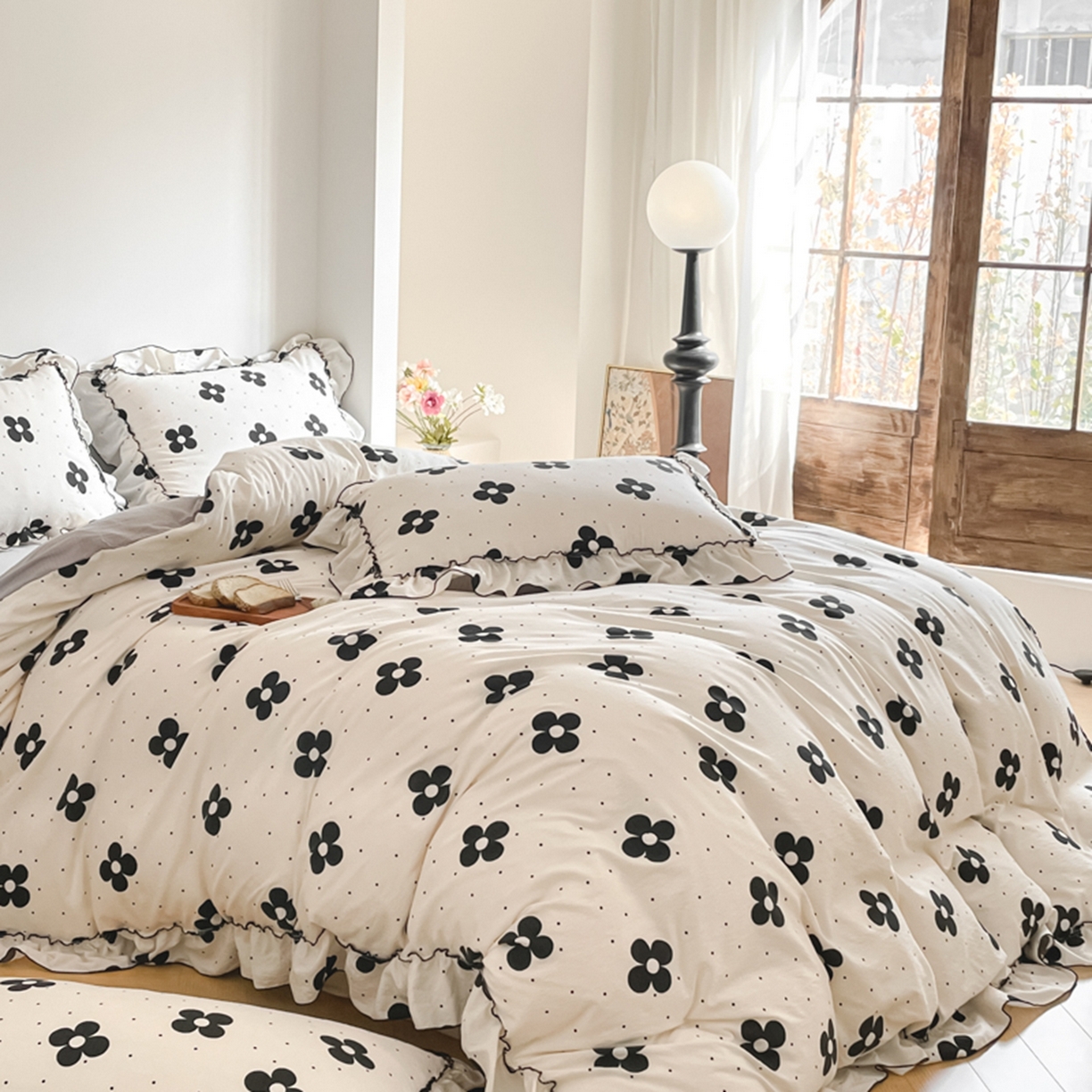 91家纺网 家纺一手货源 找家纺 柒月家居 2026新款法式赫本皱皱纱花边四件套 宝格丽曼