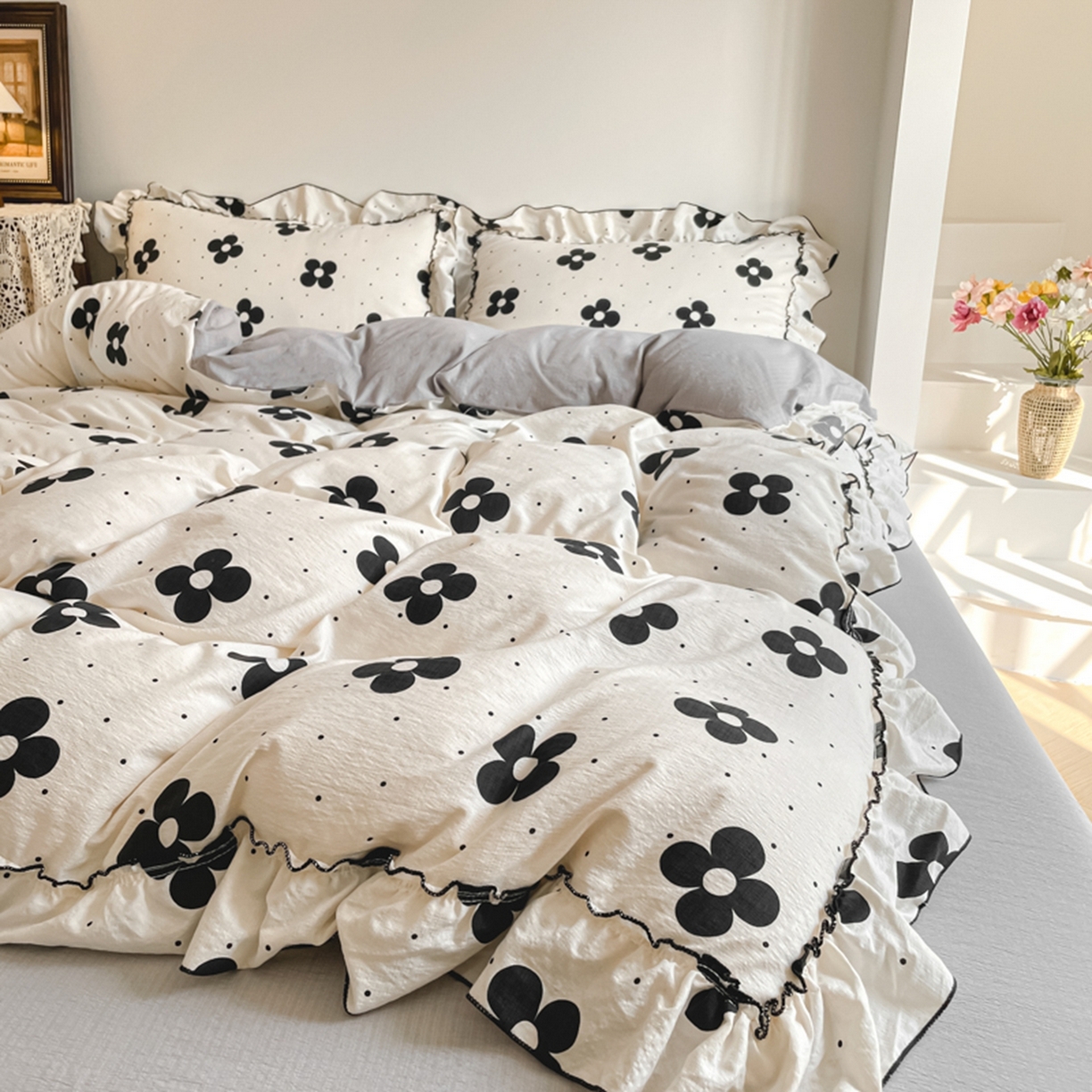 91家纺网 家纺一手货源 找家纺 柒月家居 2026新款法式赫本皱皱纱花边四件套 宝格丽曼