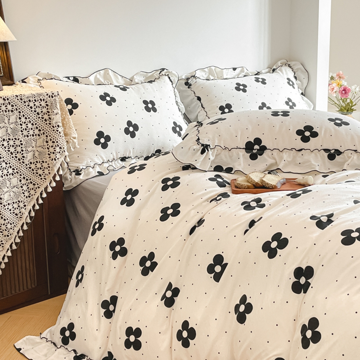 91家纺网 家纺一手货源 找家纺 柒月家居 2026新款法式赫本皱皱纱花边四件套 宝格丽曼