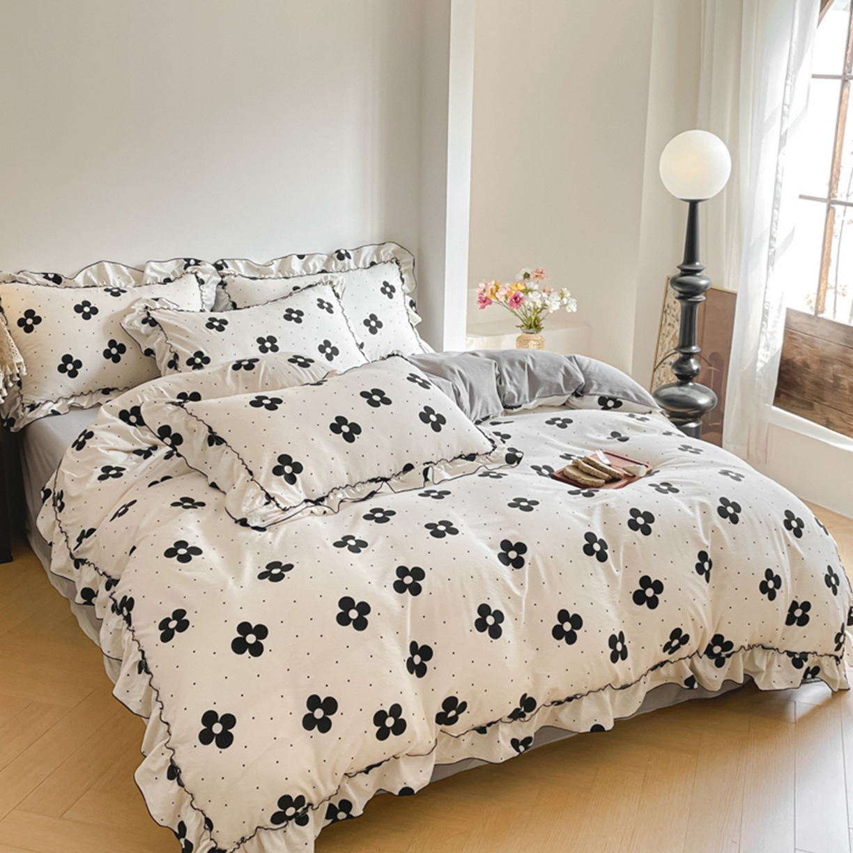 91家纺网 家纺一手货源 找家纺 柒月家居 2026新款法式赫本皱皱纱花边四件套 宝格丽曼