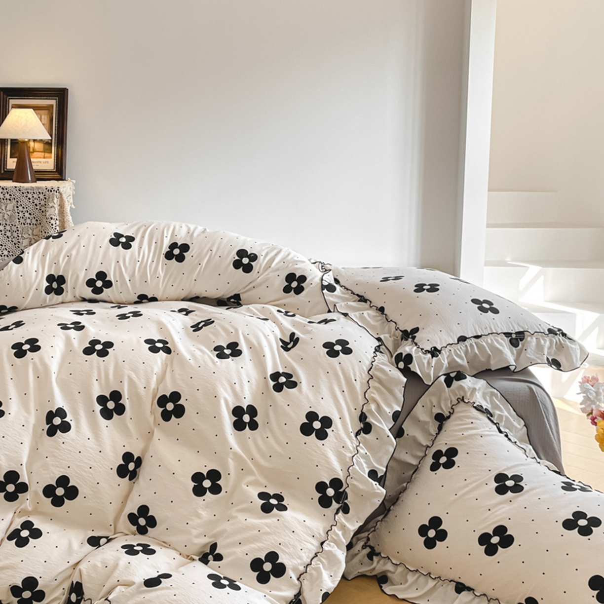 91家纺网 家纺一手货源 找家纺 柒月家居 2026新款法式赫本皱皱纱花边四件套 宝格丽曼