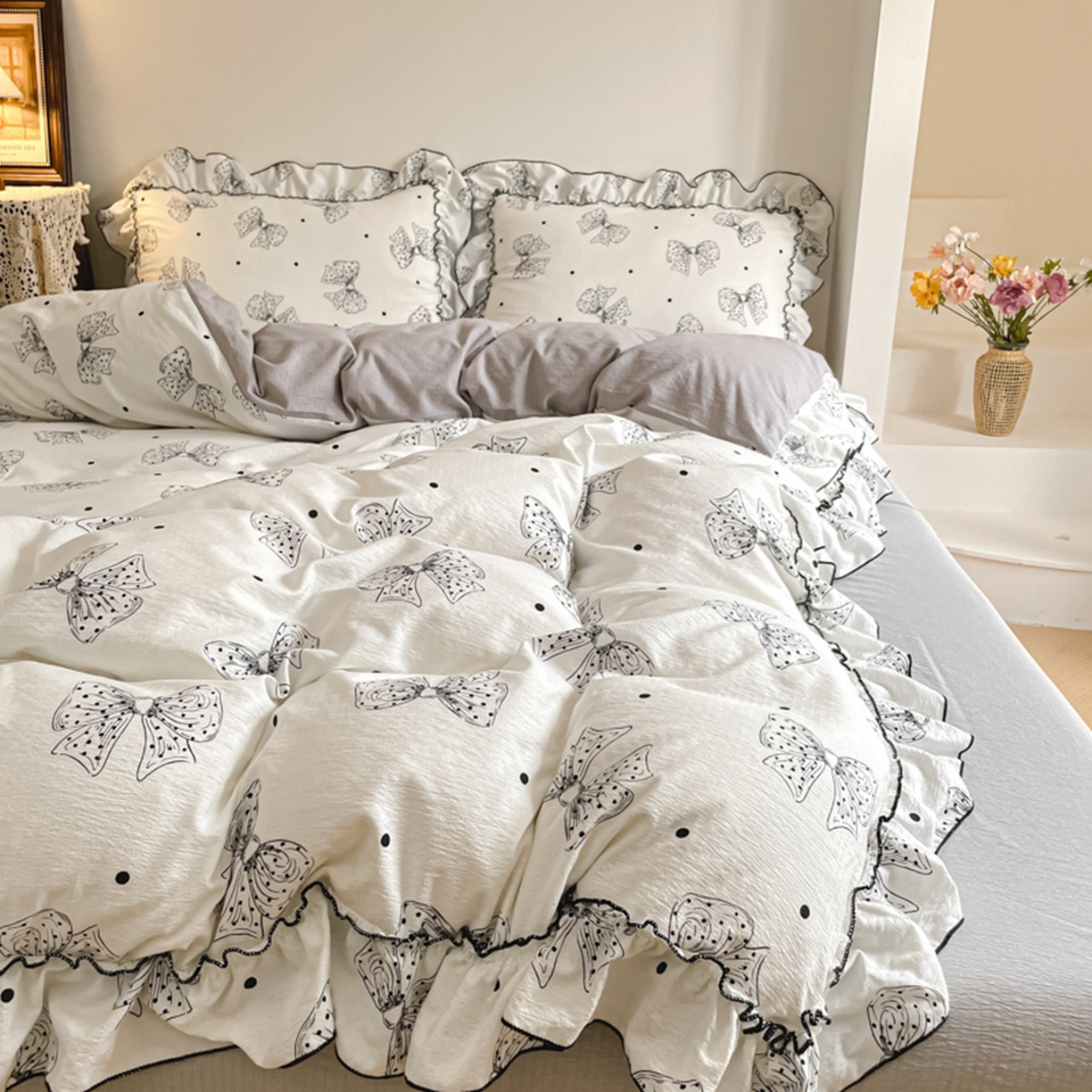 91家纺网 家纺一手货源 找家纺 柒月家居 2026新款法式赫本皱皱纱花边四件套 柔心结