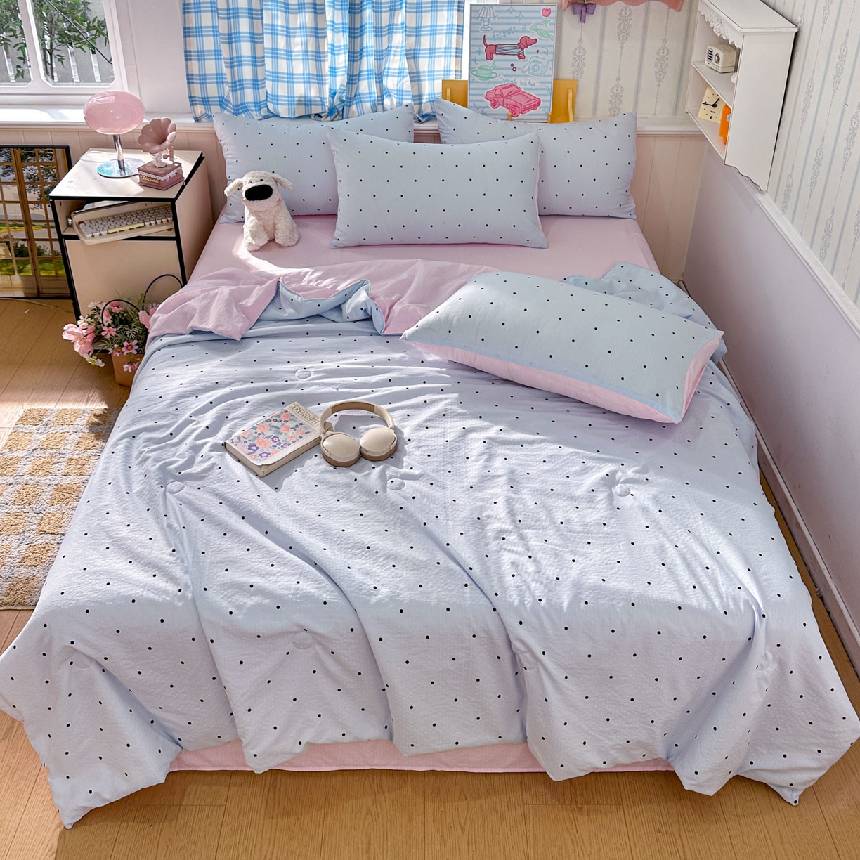 91家纺网 家纺一手货源 找家纺 N先生+V 13814689556 发大图/买家秀 2026春夏新款A类泡芙双层纱夏被系列夏凉被空调被 蓝色波点（夏被）