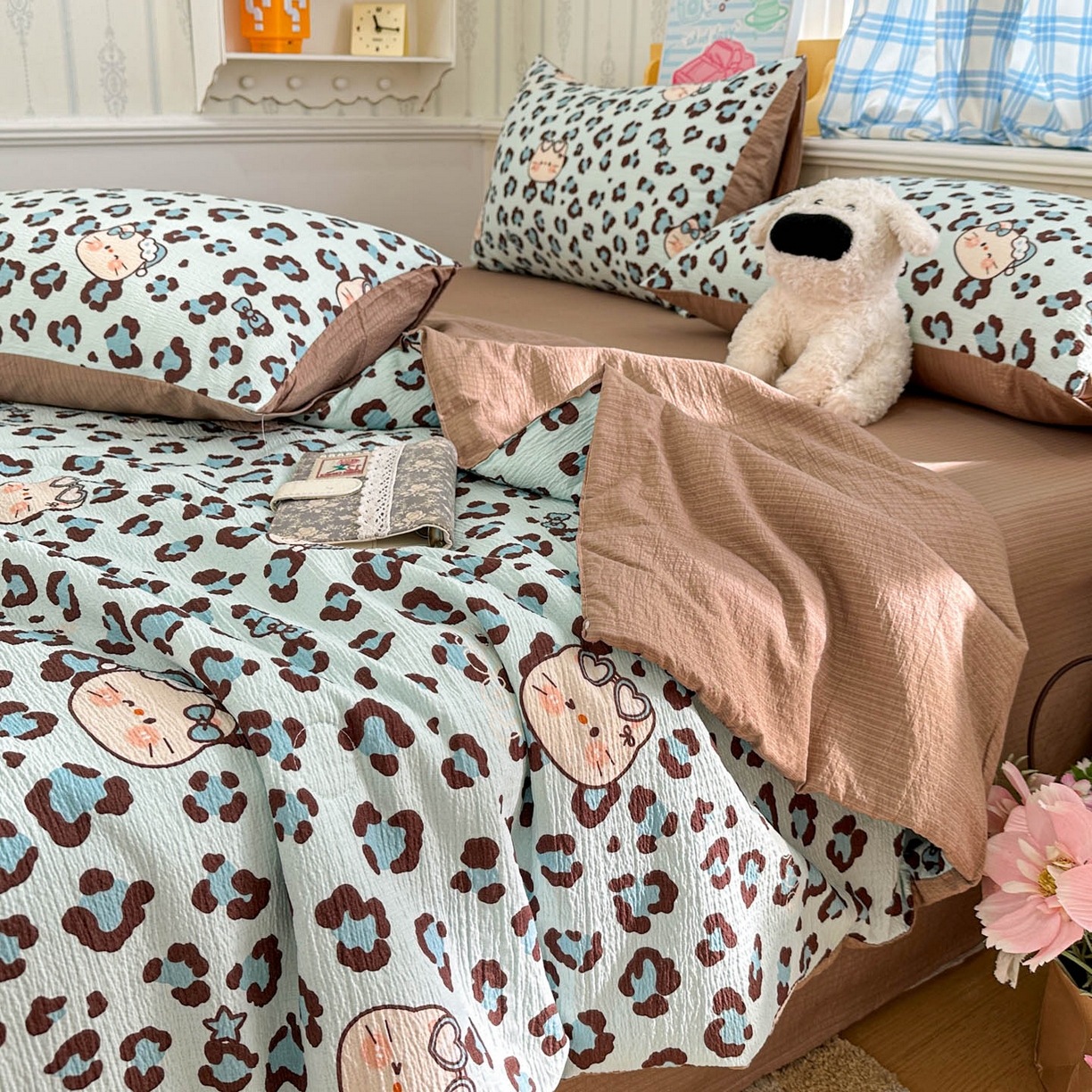 91家纺网 家纺一手货源 找家纺 N先生+V 13814689556 发大图/买家秀 2026春夏新款A类泡芙双层纱夏被系列夏凉被空调被 豹纹猫咪(夏被）