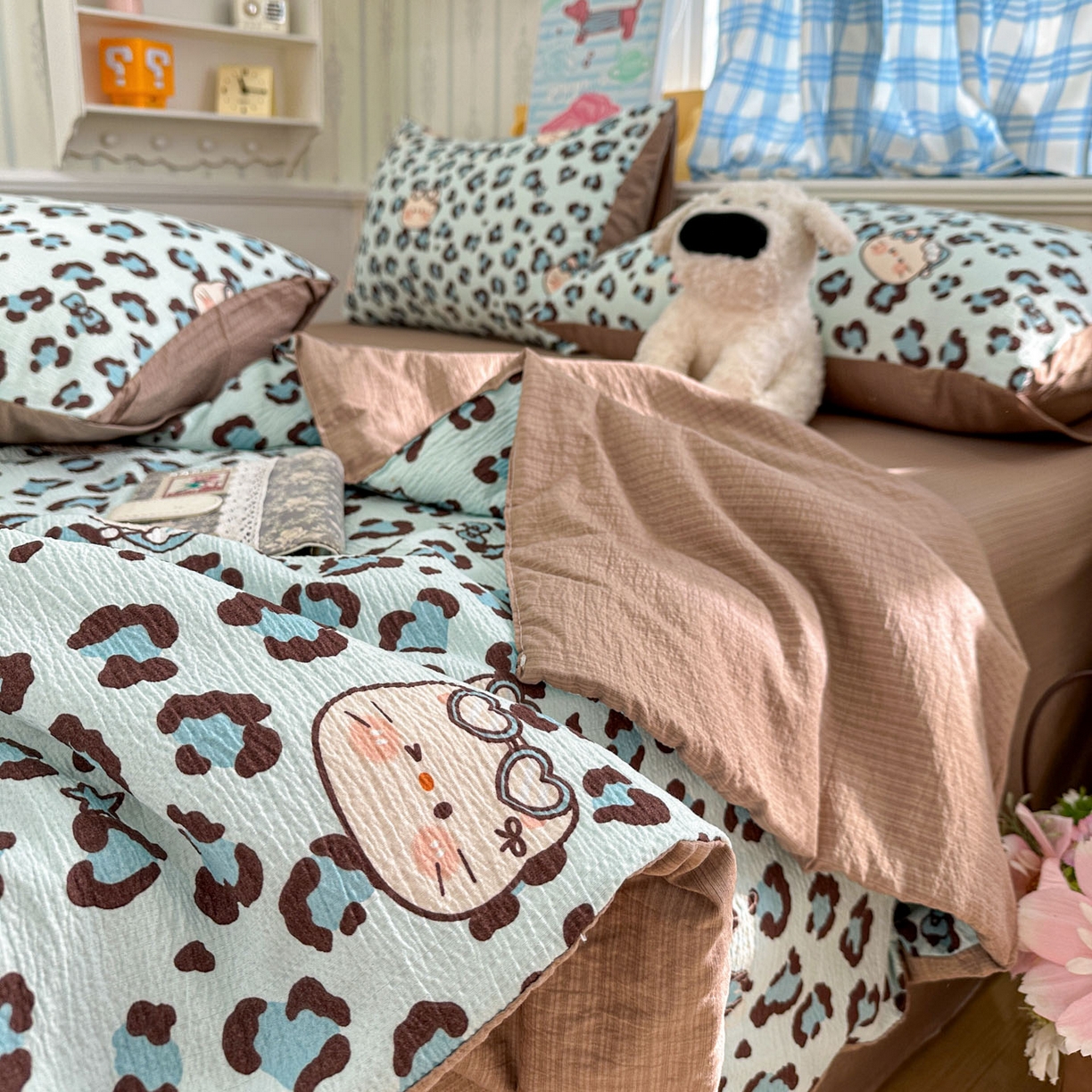 91家纺网 家纺一手货源 找家纺 N先生+V 13814689556 发大图/买家秀 2026春夏新款A类泡芙双层纱夏被系列夏凉被空调被 豹纹猫咪(夏被）