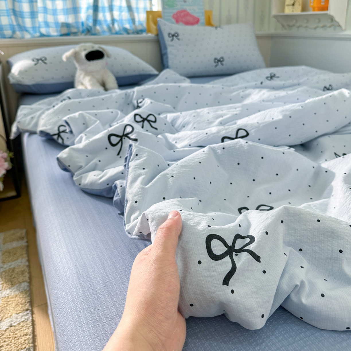 91家纺网 家纺一手货源 找家纺 N先生+V 13814689556 发大图/买家秀 2026春夏新款A类泡芙双层纱夏被系列夏凉被空调被 波点蝴蝶结（夏被）