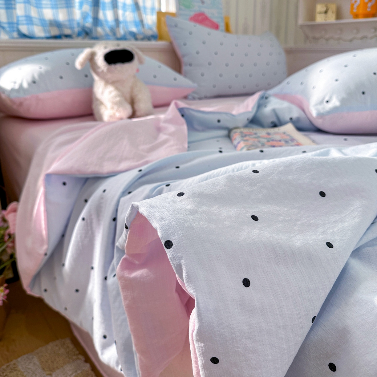 91家纺网 家纺一手货源 找家纺 N先生+V 13814689556 发大图/买家秀 2026春夏新款A类泡芙双层纱夏被系列夏凉被空调被 蓝色波点（夏被）