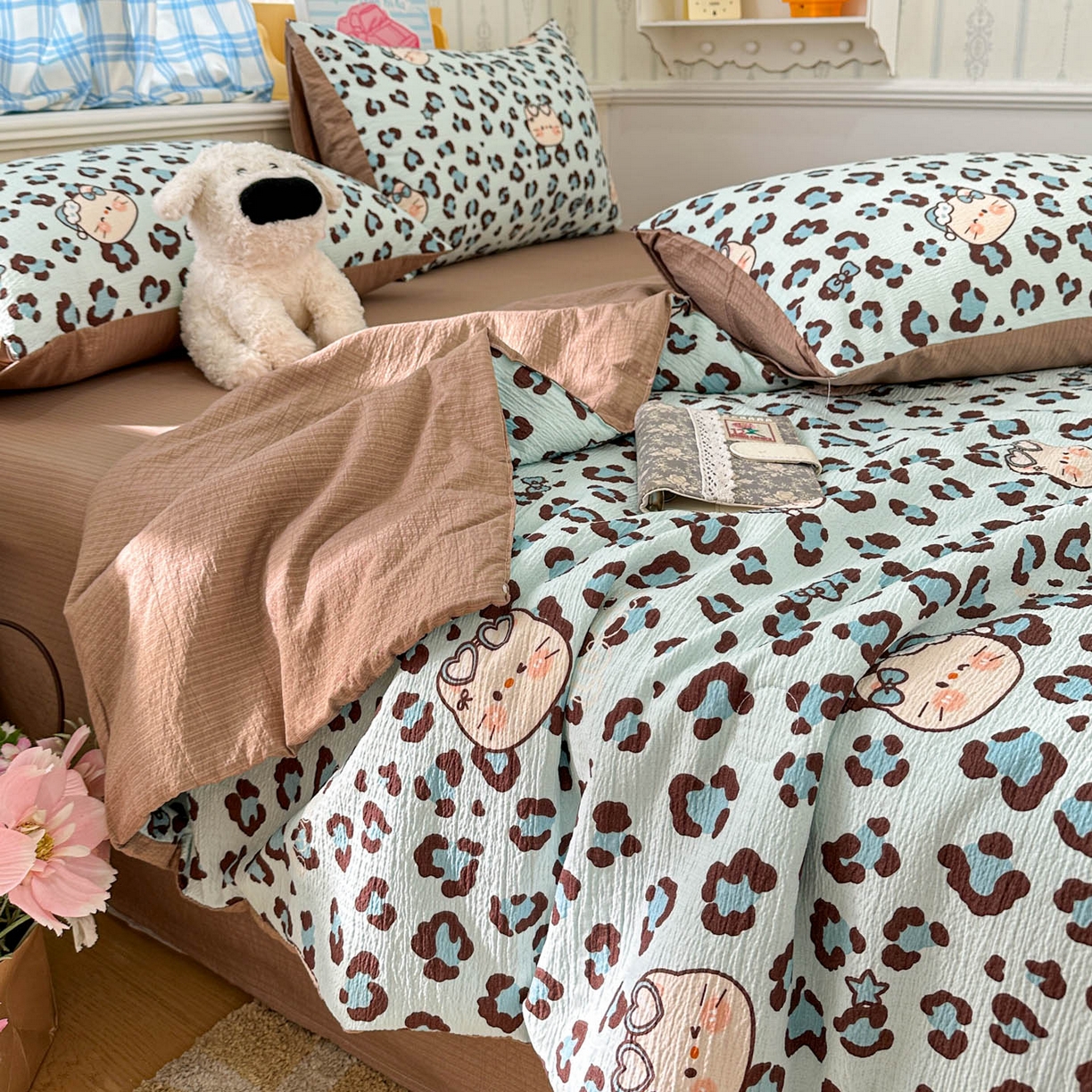 91家纺网 家纺一手货源 找家纺 N先生+V 13814689556 发大图/买家秀 2026春夏新款A类泡芙双层纱夏被系列夏凉被空调被 豹纹猫咪(夏被）