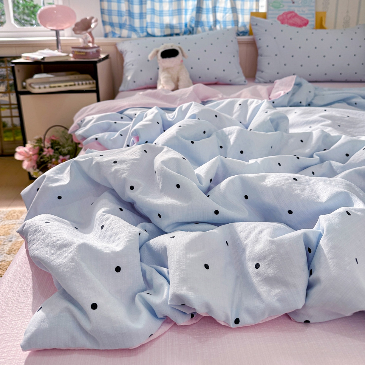 91家纺网 家纺一手货源 找家纺 N先生+V 13814689556 发大图/买家秀 2026春夏新款A类泡芙双层纱夏被系列夏凉被空调被 蓝色波点（夏被）