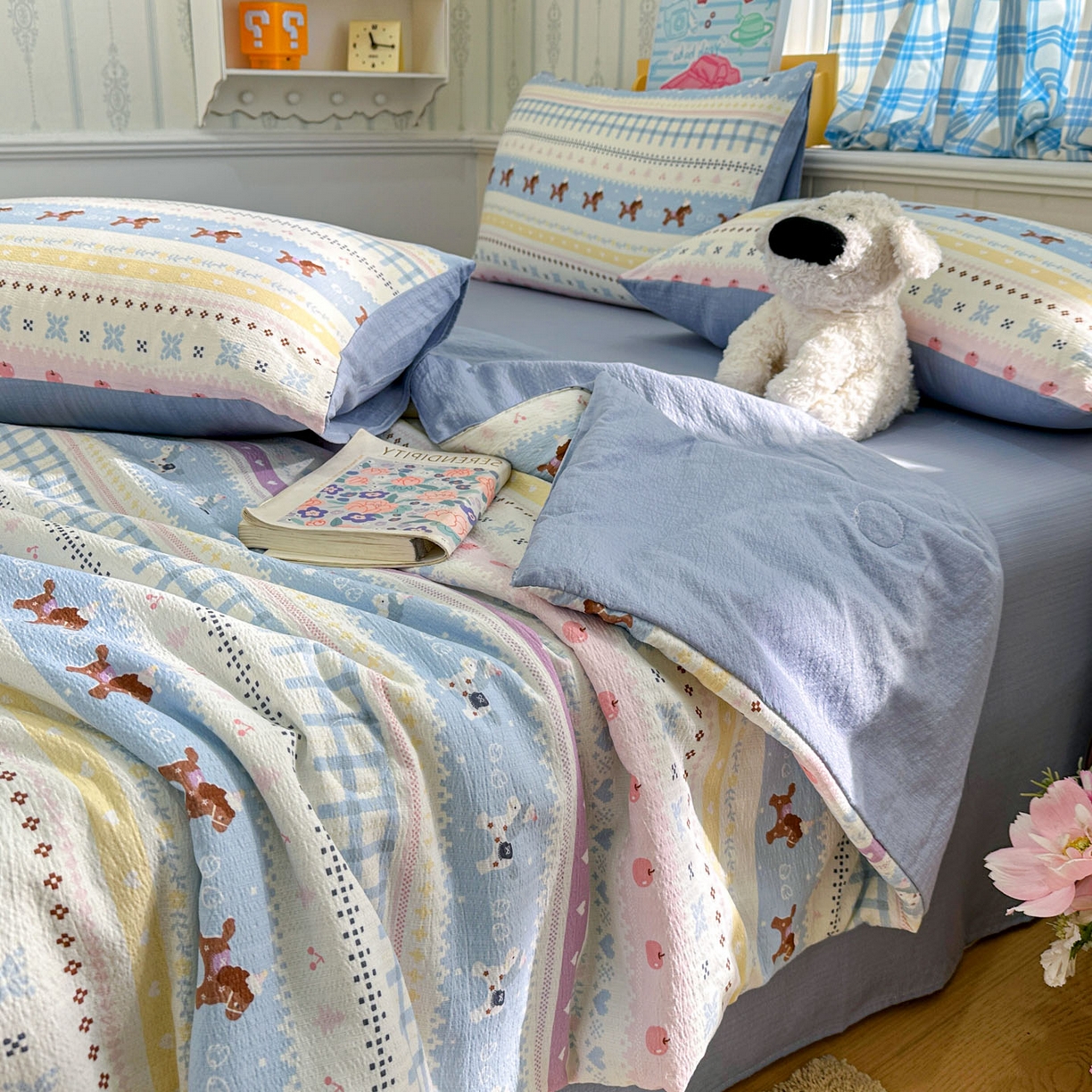 91家纺网 家纺一手货源 找家纺 N先生+V 13814689556 发大图/买家秀 2026春夏新款A类泡芙双层纱夏被系列夏凉被空调被 旋转木马（夏被）