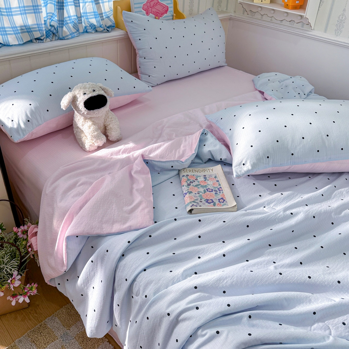 91家纺网 家纺一手货源 找家纺 N先生+V 13814689556 发大图/买家秀 2026春夏新款A类泡芙双层纱夏被系列夏凉被空调被 蓝色波点（夏被）