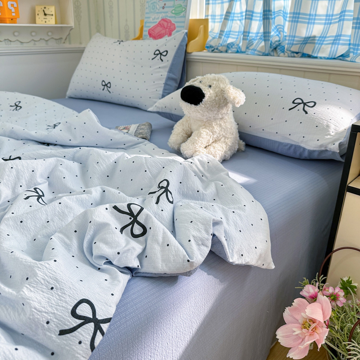 91家纺网 家纺一手货源 找家纺 N先生+V 13814689556 发大图/买家秀 2026春夏新款A类泡芙双层纱夏被系列夏凉被空调被 波点蝴蝶结（夏被）