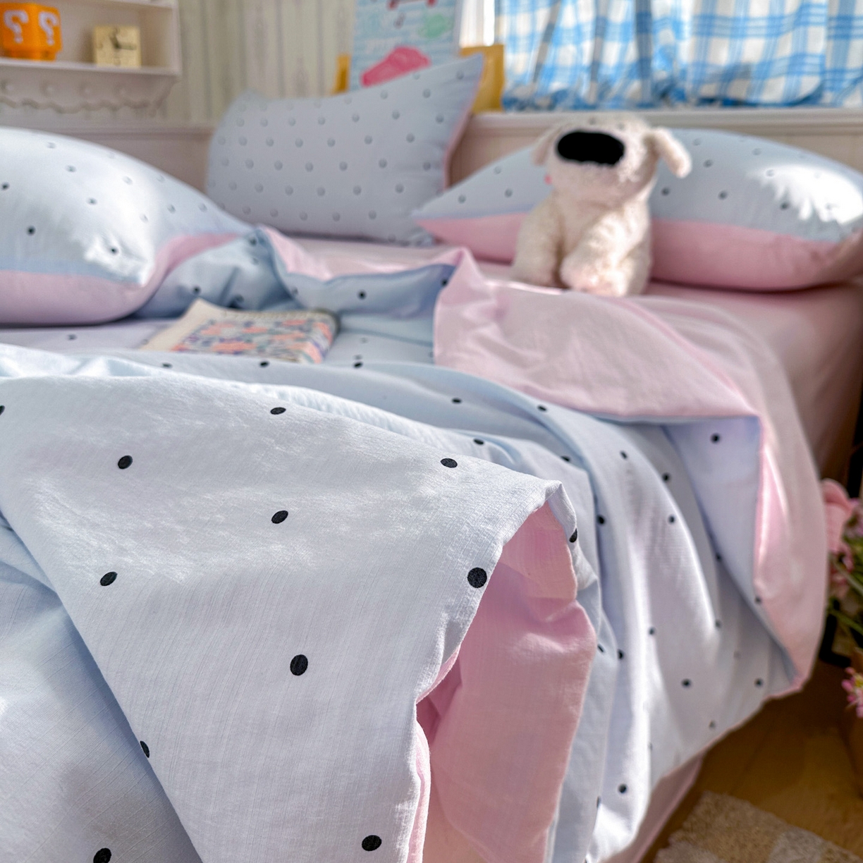 91家纺网 家纺一手货源 找家纺 N先生+V 13814689556 发大图/买家秀 2026春夏新款A类泡芙双层纱夏被系列夏凉被空调被 蓝色波点（夏被）