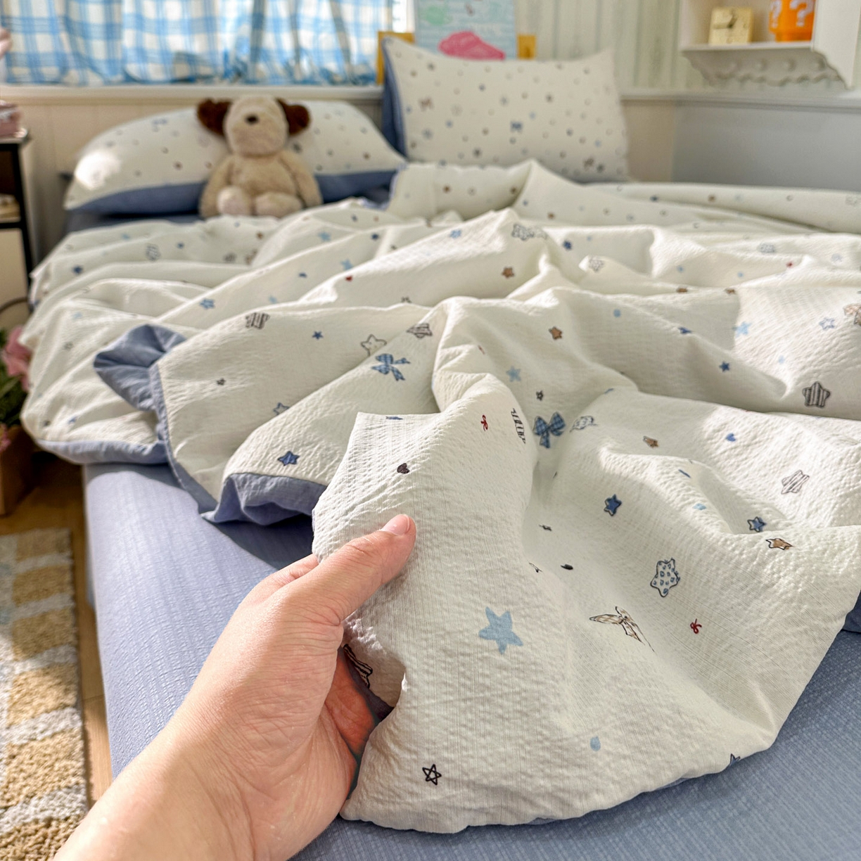 91家纺网 家纺一手货源 找家纺 N先生+V 13814689556 发大图/买家秀 2026春夏新款A类泡芙双层纱夏被系列夏凉被空调被 蓝色星空（夏被）