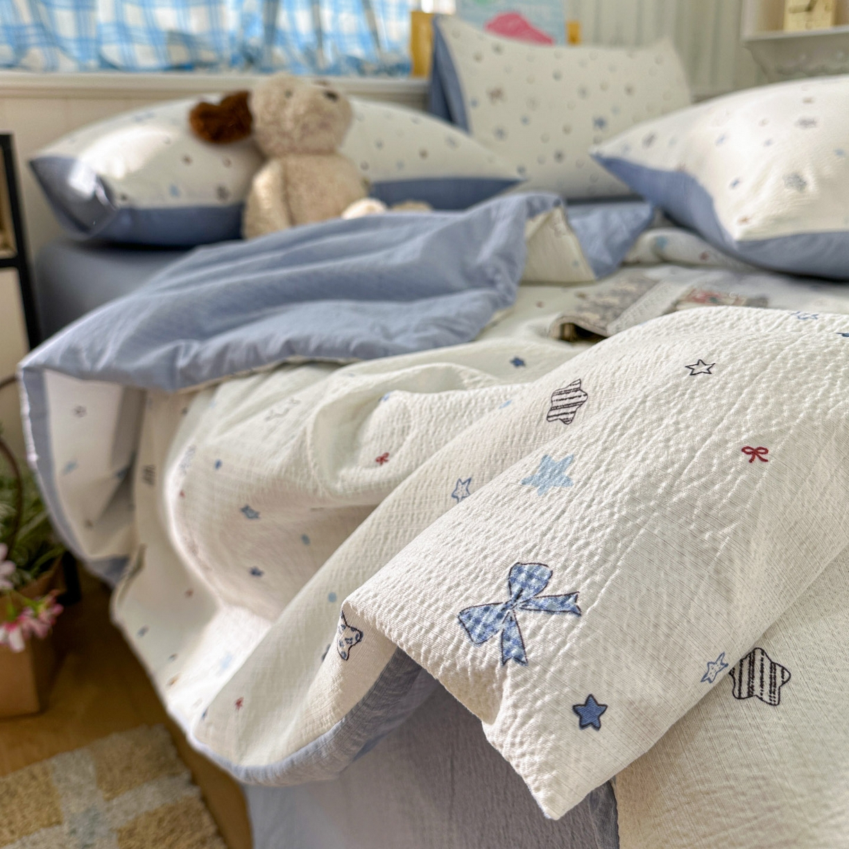 91家纺网 家纺一手货源 找家纺 N先生+V 13814689556 发大图/买家秀 2026春夏新款A类泡芙双层纱夏被系列夏凉被空调被 蓝色星空（夏被）