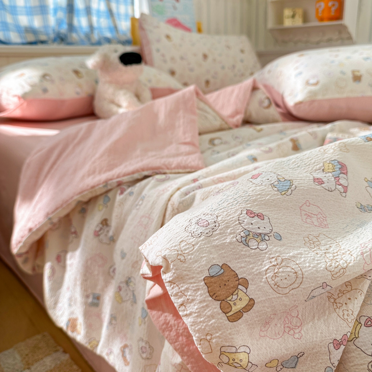 91家纺网 家纺一手货源 找家纺 N先生+V 13814689556 发大图/买家秀 2026春夏新款A类泡芙双层纱夏被系列夏凉被空调被 欢乐猫咪（夏被）