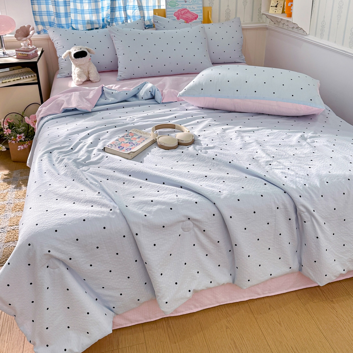 91家纺网 家纺一手货源 找家纺 N先生+V 13814689556 发大图/买家秀 2026春夏新款A类泡芙双层纱夏被系列夏凉被空调被 蓝色波点（夏被）