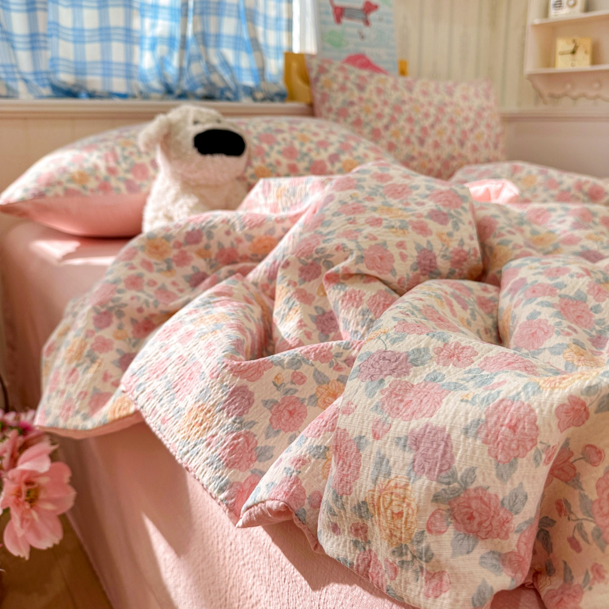 91家纺网 家纺一手货源 找家纺 N先生+V 13814689556 发大图/买家秀 2026春夏新款A类泡芙双层纱夏被系列夏凉被空调被 春风里(夏被）