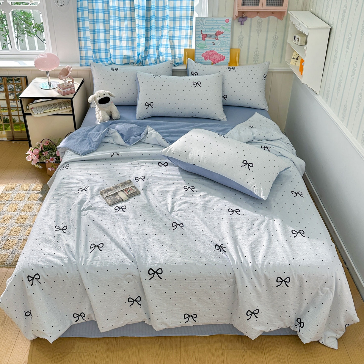 91家纺网 家纺一手货源 找家纺 N先生+V 13814689556 发大图/买家秀 2026春夏新款A类泡芙双层纱夏被系列夏凉被空调被 波点蝴蝶结（夏被）