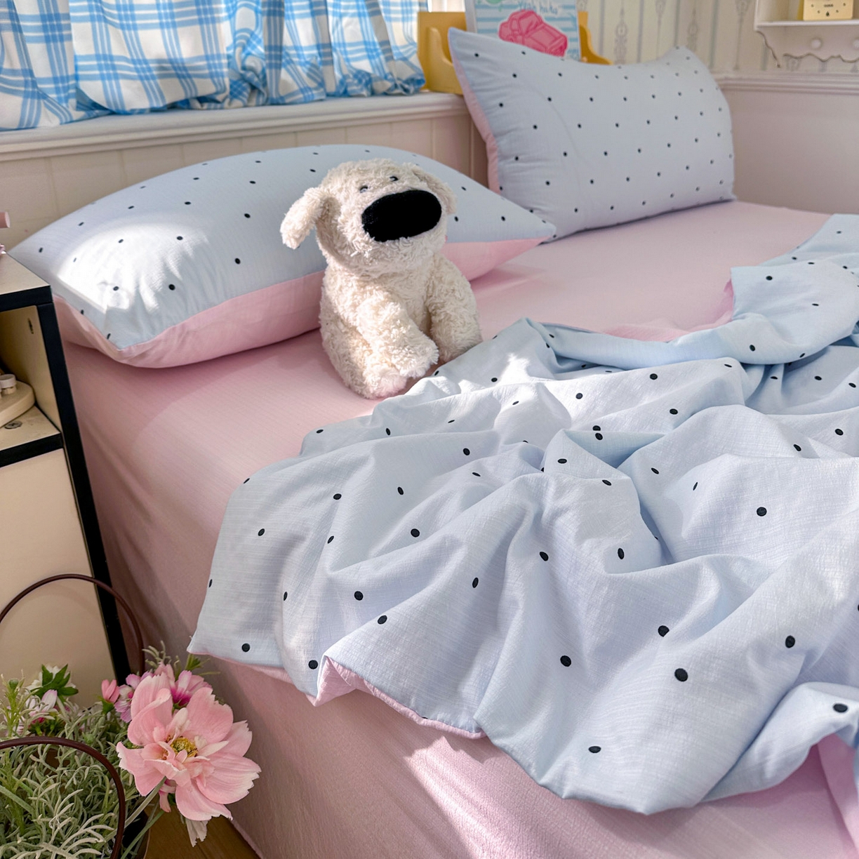 91家纺网 家纺一手货源 找家纺 N先生+V 13814689556 发大图/买家秀 2026春夏新款A类泡芙双层纱夏被系列夏凉被空调被 蓝色波点（夏被）