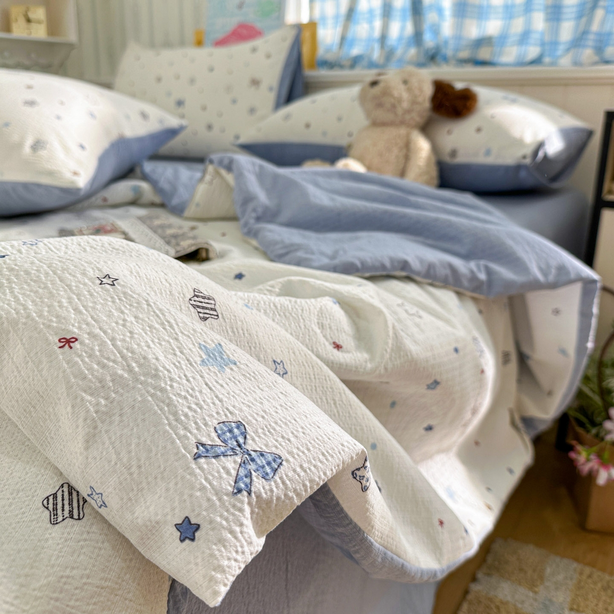 91家纺网 家纺一手货源 找家纺 N先生+V 13814689556 发大图/买家秀 2026春夏新款A类泡芙双层纱夏被系列夏凉被空调被 蓝色星空（夏被）