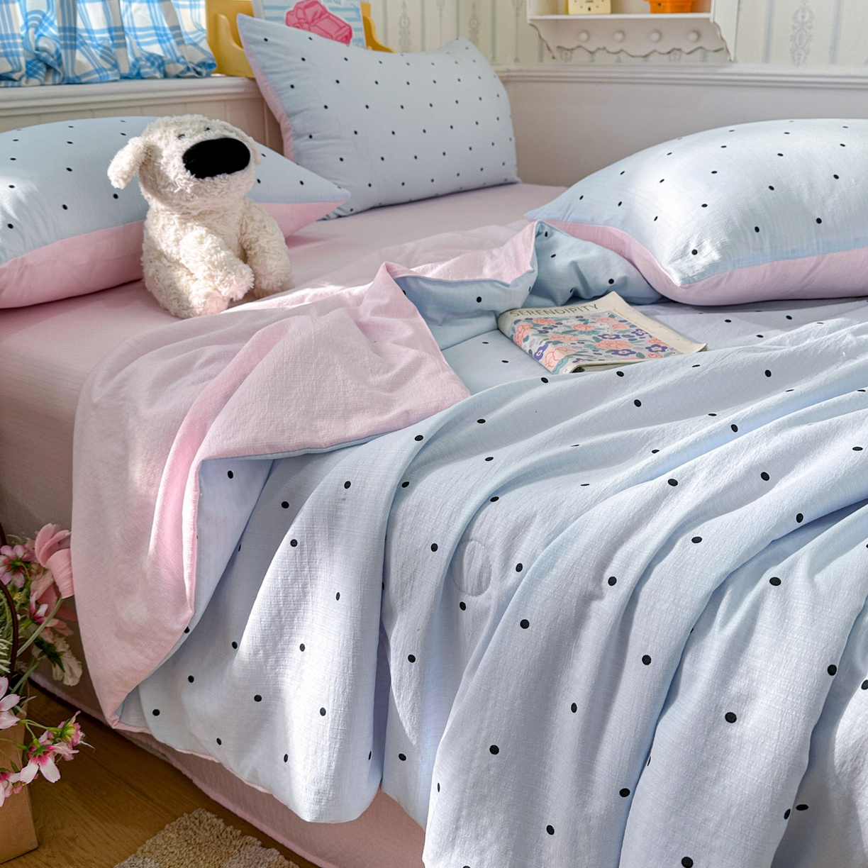 91家纺网 家纺一手货源 找家纺 N先生+V 13814689556 发大图/买家秀 2026春夏新款A类泡芙双层纱夏被系列夏凉被空调被 蓝色波点（夏被）