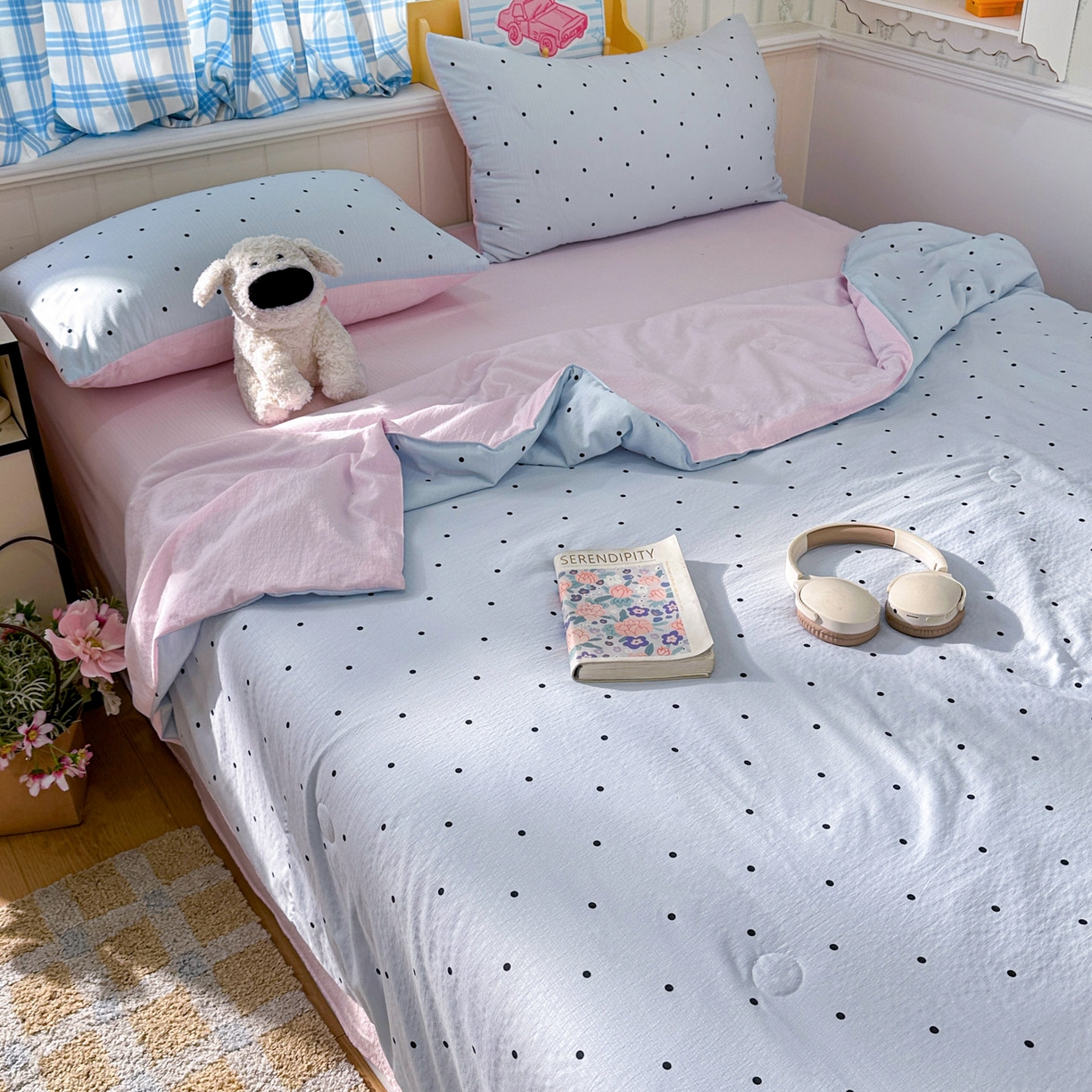 91家纺网 家纺一手货源 找家纺 N先生+V 13814689556 发大图/买家秀 2026春夏新款A类泡芙双层纱夏被系列夏凉被空调被 蓝色波点（夏被）