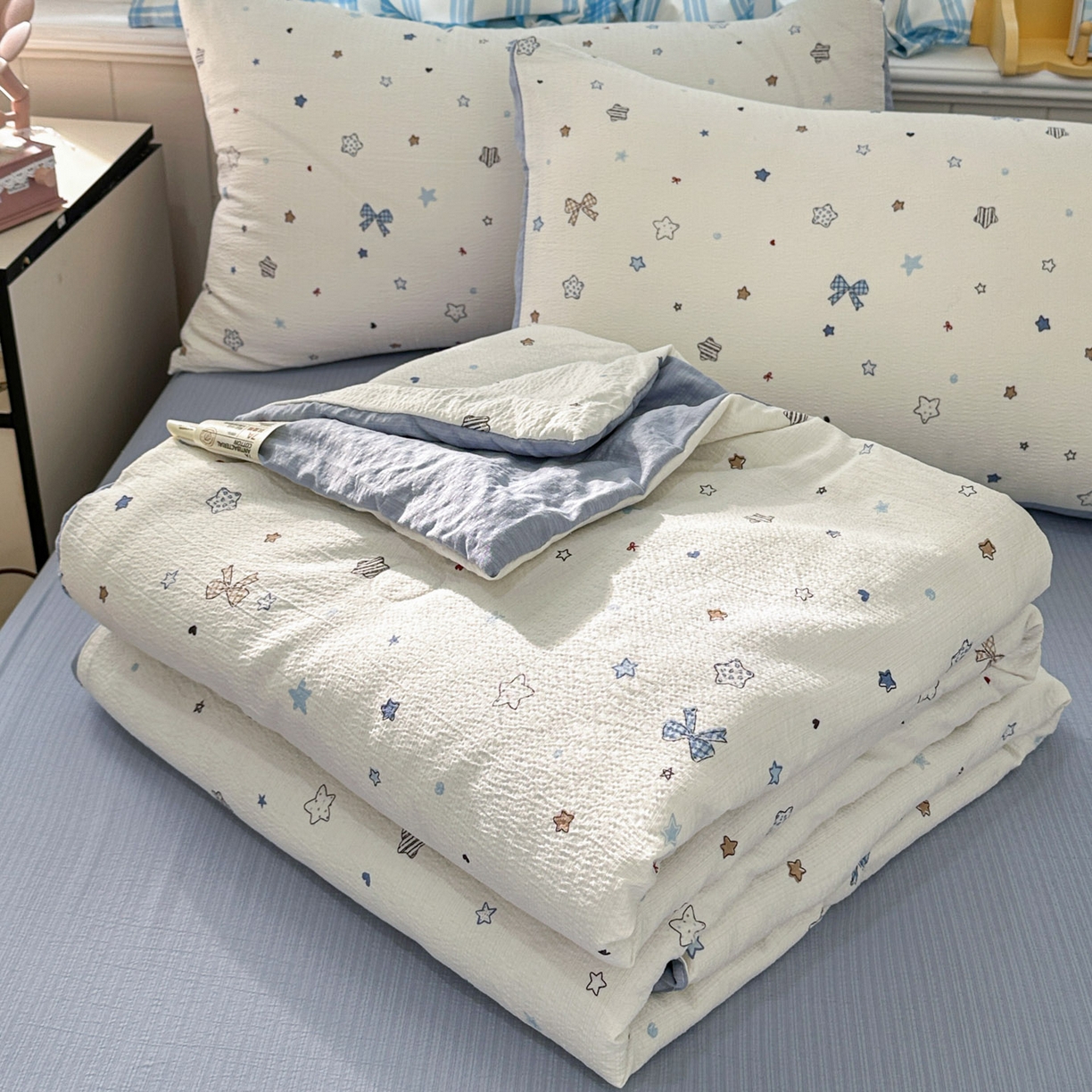N先生+V 13814689556 发大图/买家秀 2026春夏新款A类泡芙双层纱夏被系列夏凉被空调被 蓝色星空（夏被）