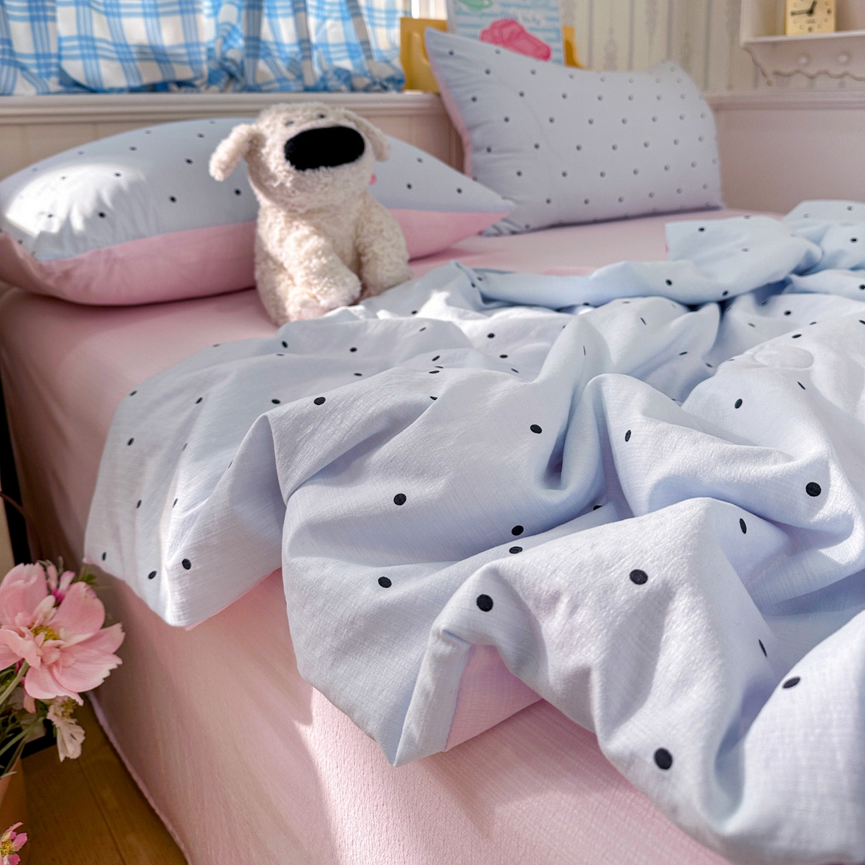 91家纺网 家纺一手货源 找家纺 N先生+V 13814689556 发大图/买家秀 2026春夏新款A类泡芙双层纱夏被系列夏凉被空调被 蓝色波点（夏被）