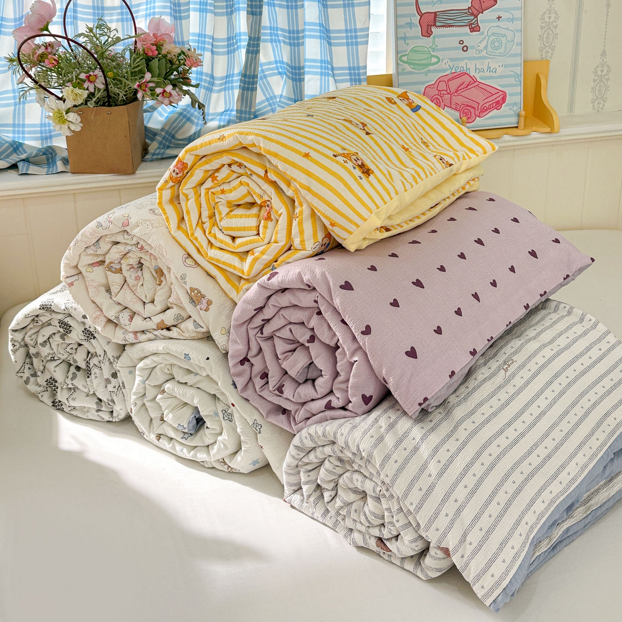 91家纺网 家纺一手货源 找家纺 N先生+V 13814689556 发大图/买家秀 2026春夏新款A类泡芙双层纱夏被系列夏凉被空调被 组合图仅供展示不可下单