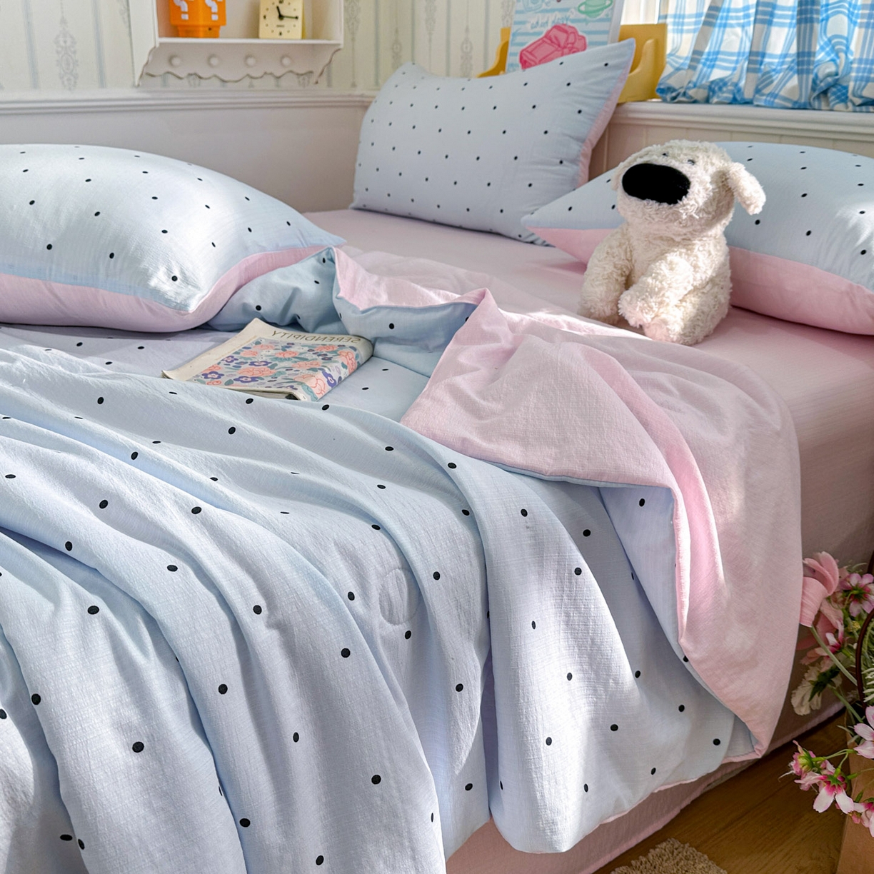 91家纺网 家纺一手货源 找家纺 N先生+V 13814689556 发大图/买家秀 2026春夏新款A类泡芙双层纱夏被系列夏凉被空调被 蓝色波点（夏被）