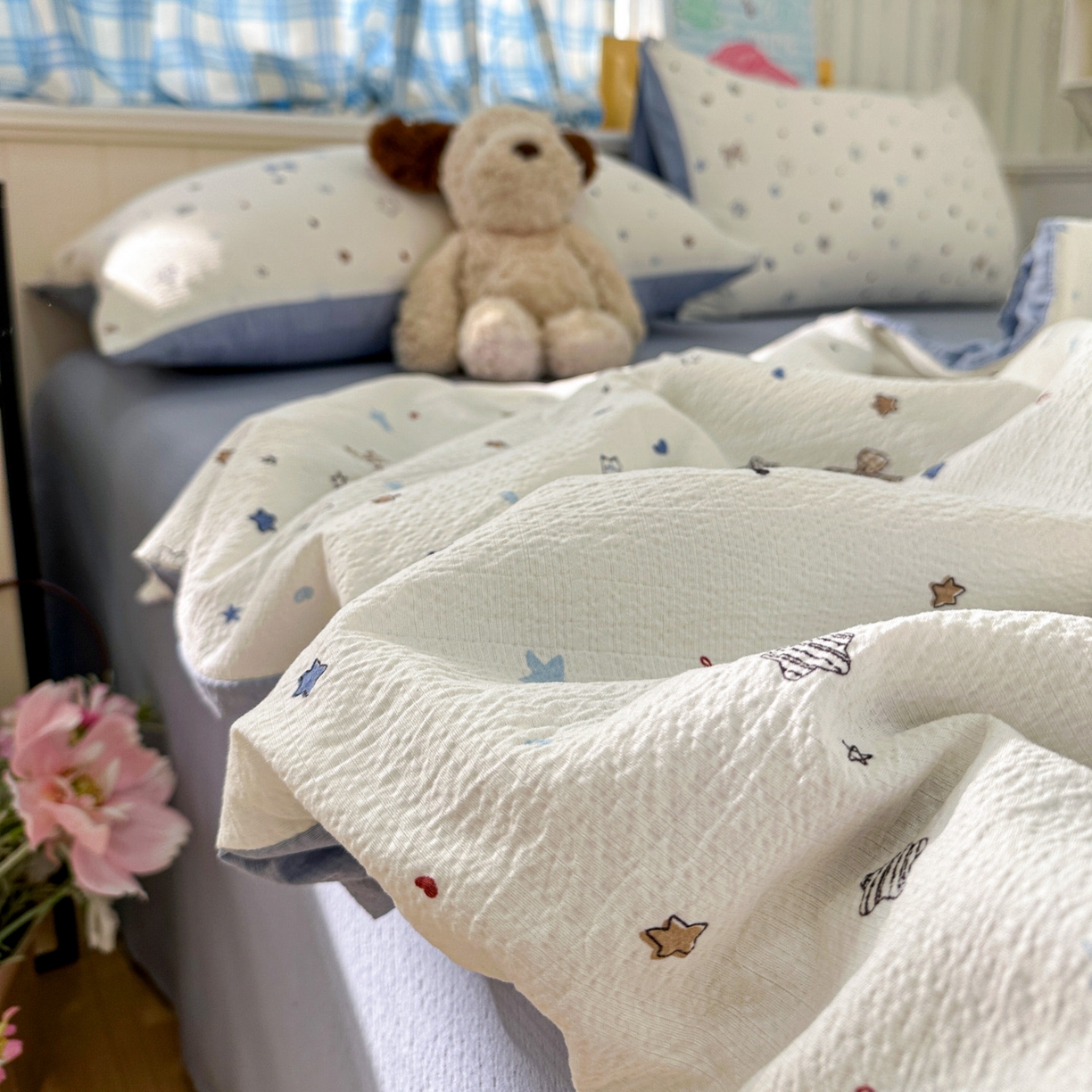 91家纺网 家纺一手货源 找家纺 N先生+V 13814689556 发大图/买家秀 2026春夏新款A类泡芙双层纱夏被系列夏凉被空调被 蓝色星空（夏被）